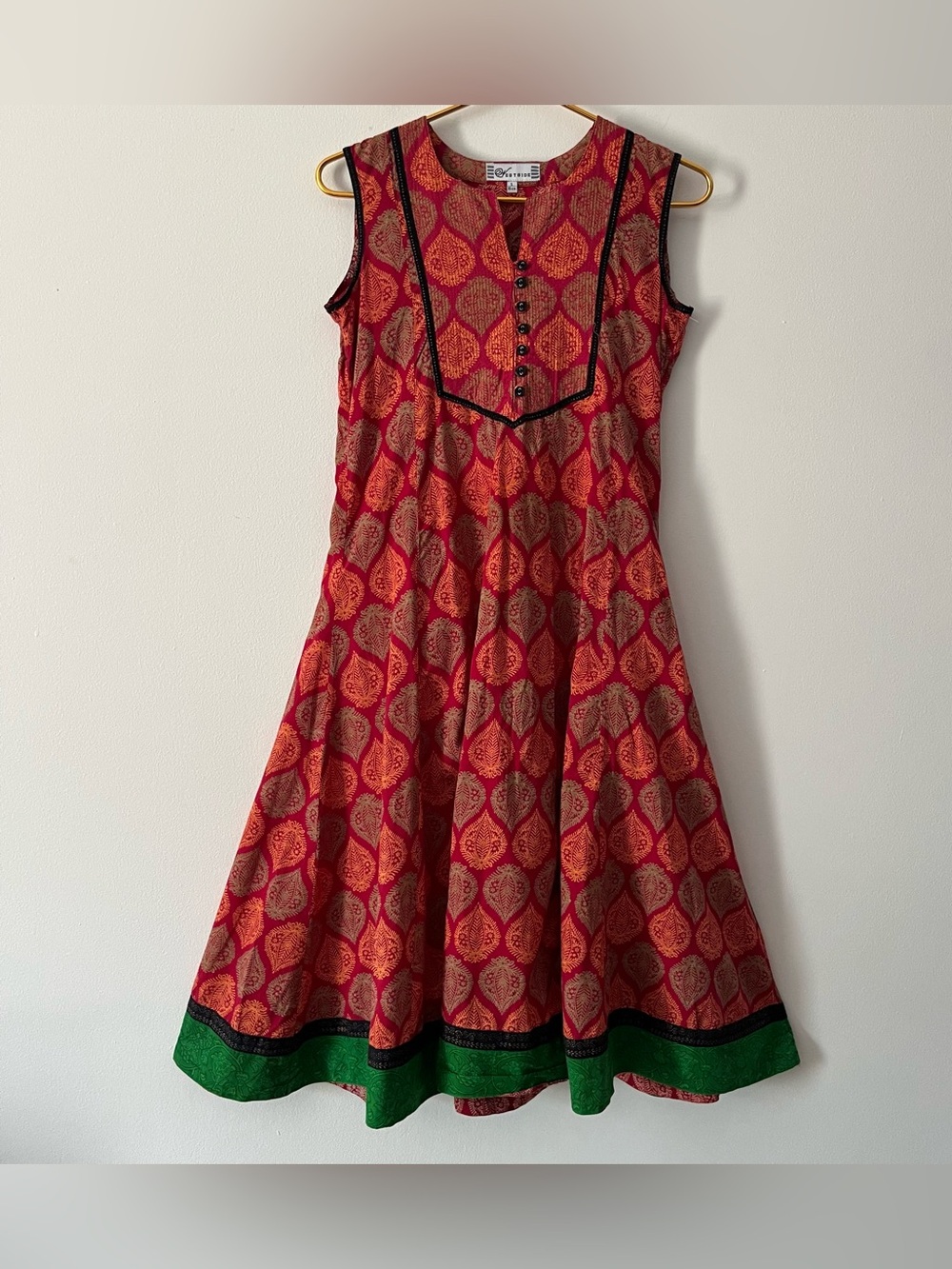 Westside Midi Dress Vibrant Red Green Bold Cotton Indian Inspired Mixed Print S